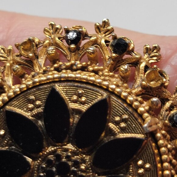 Florenza Gold Black Brooch Glass Round Pin Black Rhinestones OS Vintage - Picture 5 of 11